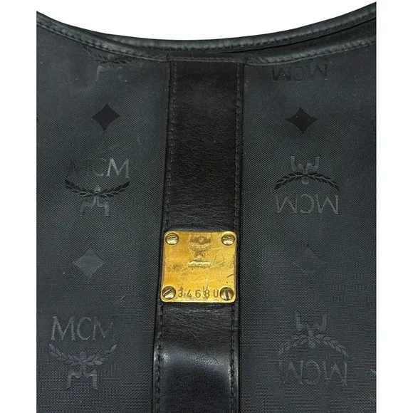 Vintage MCM Monogram Shoulder Bag Black Leather Hobo Style Logo - Picture 3 of 16